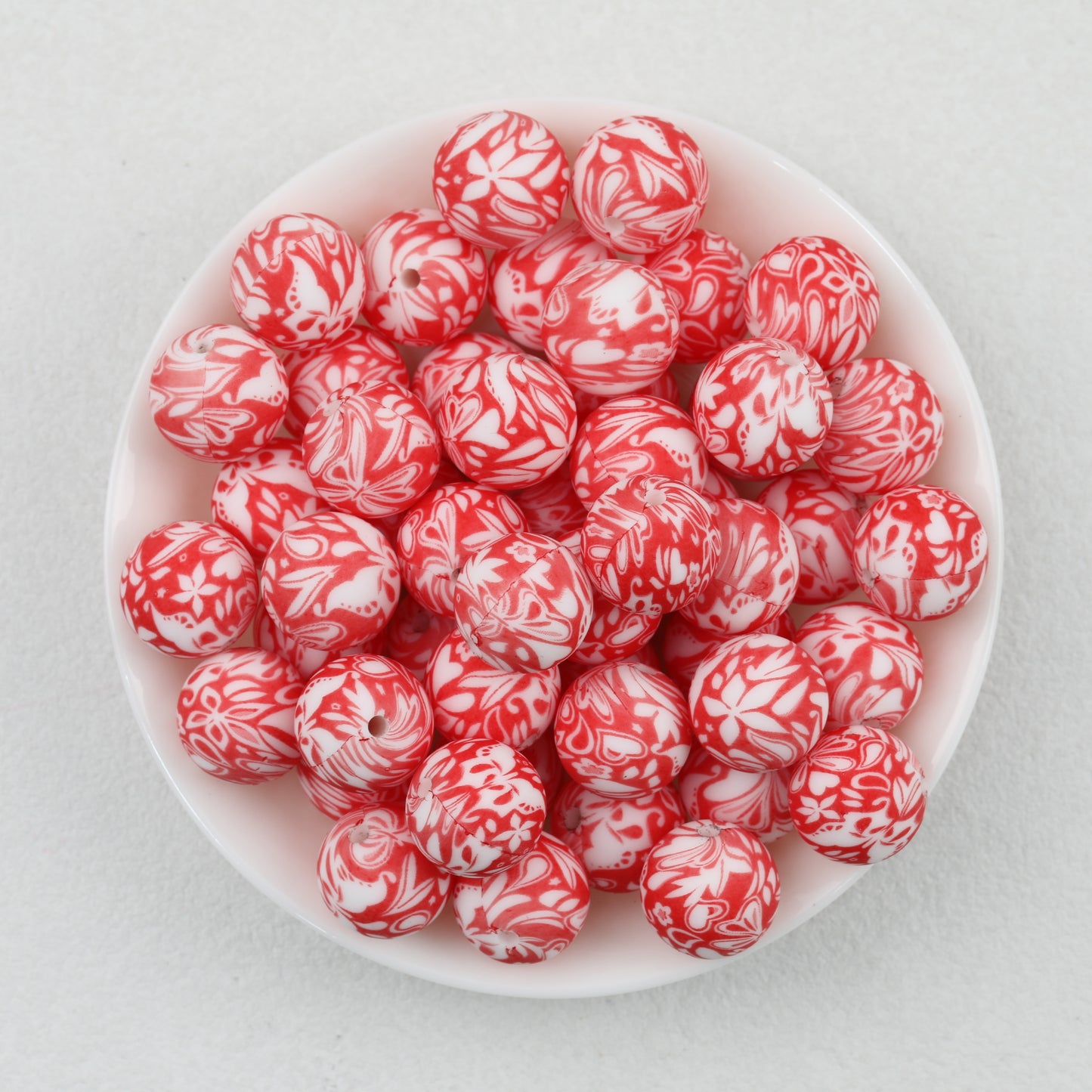 15mm Floral Pattern Print Round Silicone Beads Dark Base 50pcs 6