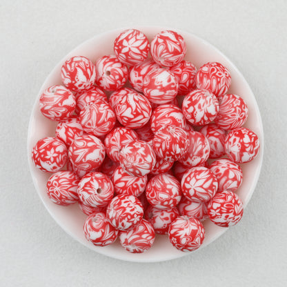15mm Floral Pattern Print Round Silicone Beads Dark Base 50pcs 6