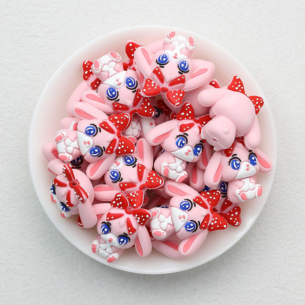 3D Pink Bunny Silicone Focal Beads with Red Polka Dot Bow 20pcs