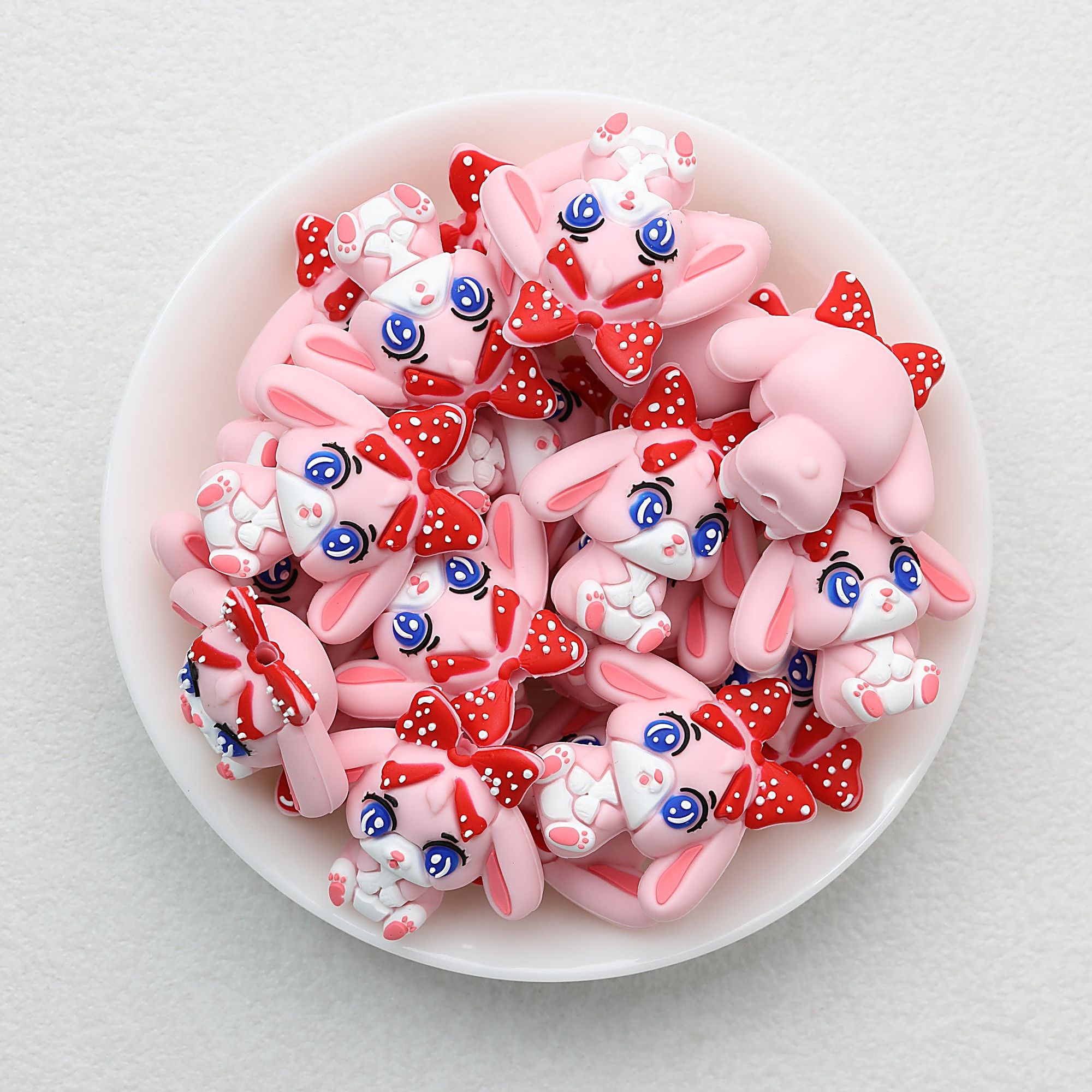 3D Pink Bunny Silicone Focal Beads with Red Polka Dot Bow 20pcs