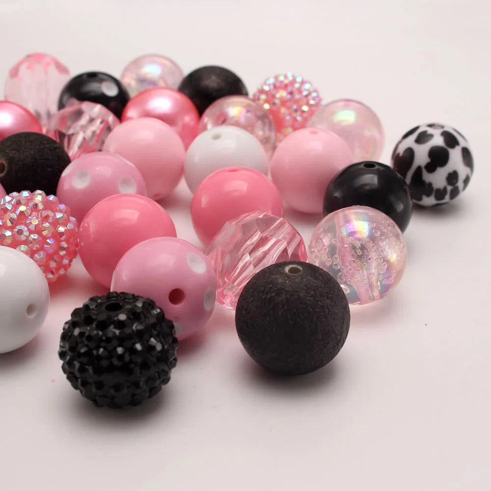Bubblegum Beads 20mm Pink Black Cow Print Glossy Matte Chunky Mix 50pcs