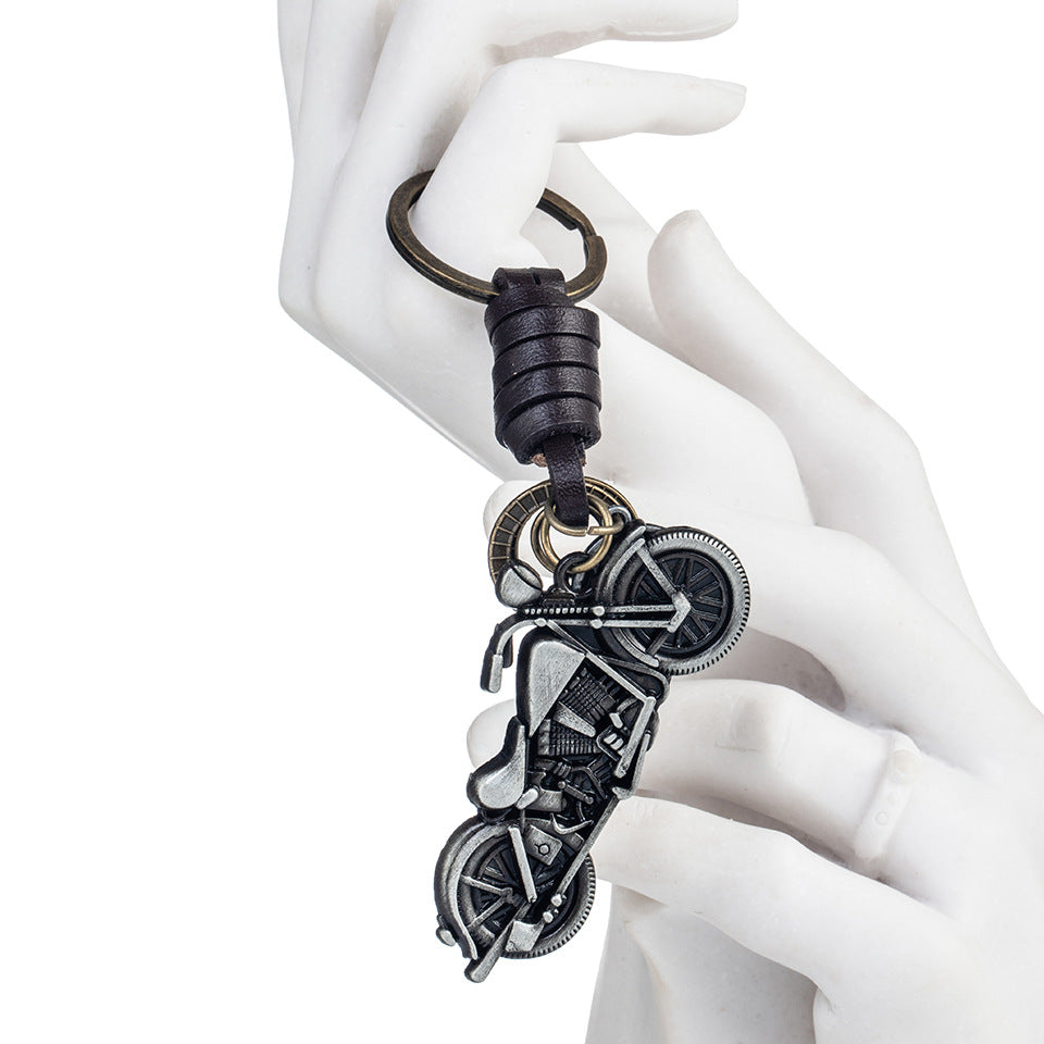 Metal Motorcycle Keychain Vintage Bike Charm Leather Strap 5