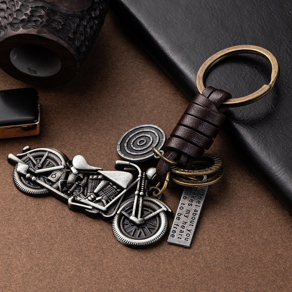 Metal Motorcycle Keychain Vintage Bike Charm Leather Strap 4