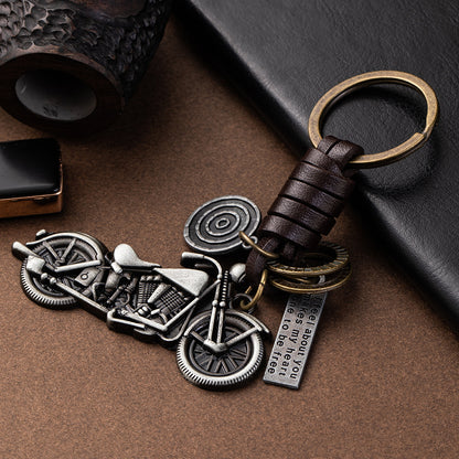 Metal Motorcycle Keychain Vintage Bike Charm Leather Strap 4