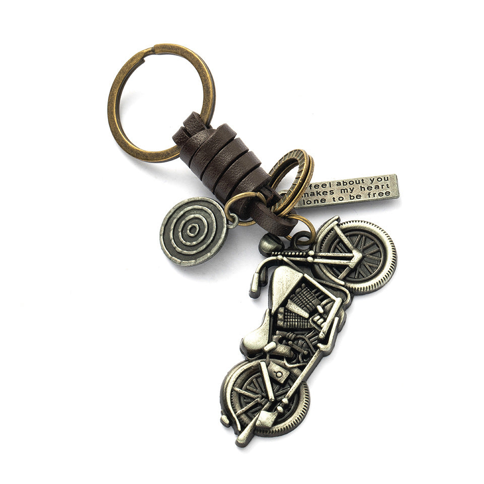 Metal Motorcycle Keychain Vintage Bike Charm Leather Strap