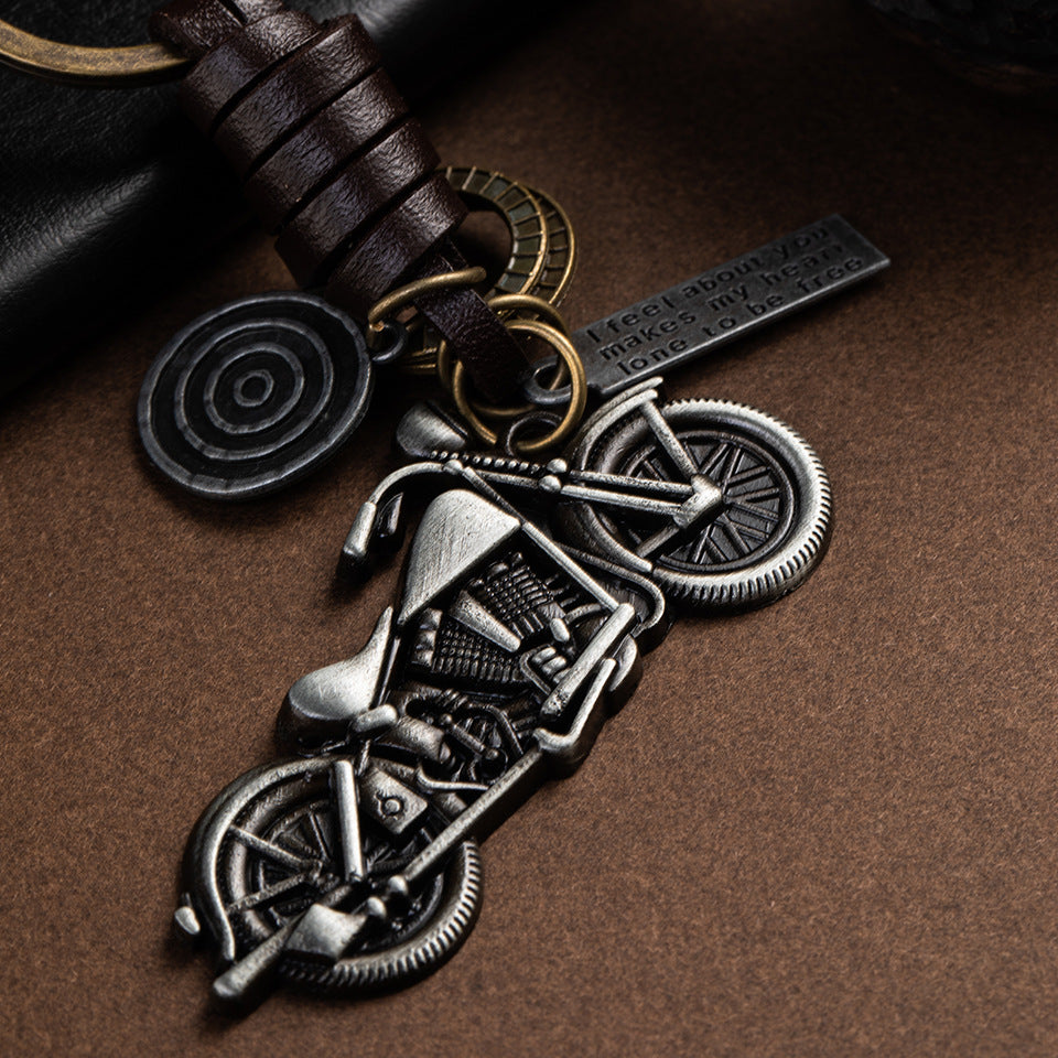 Metal Motorcycle Keychain Vintage Bike Charm Leather Strap 3