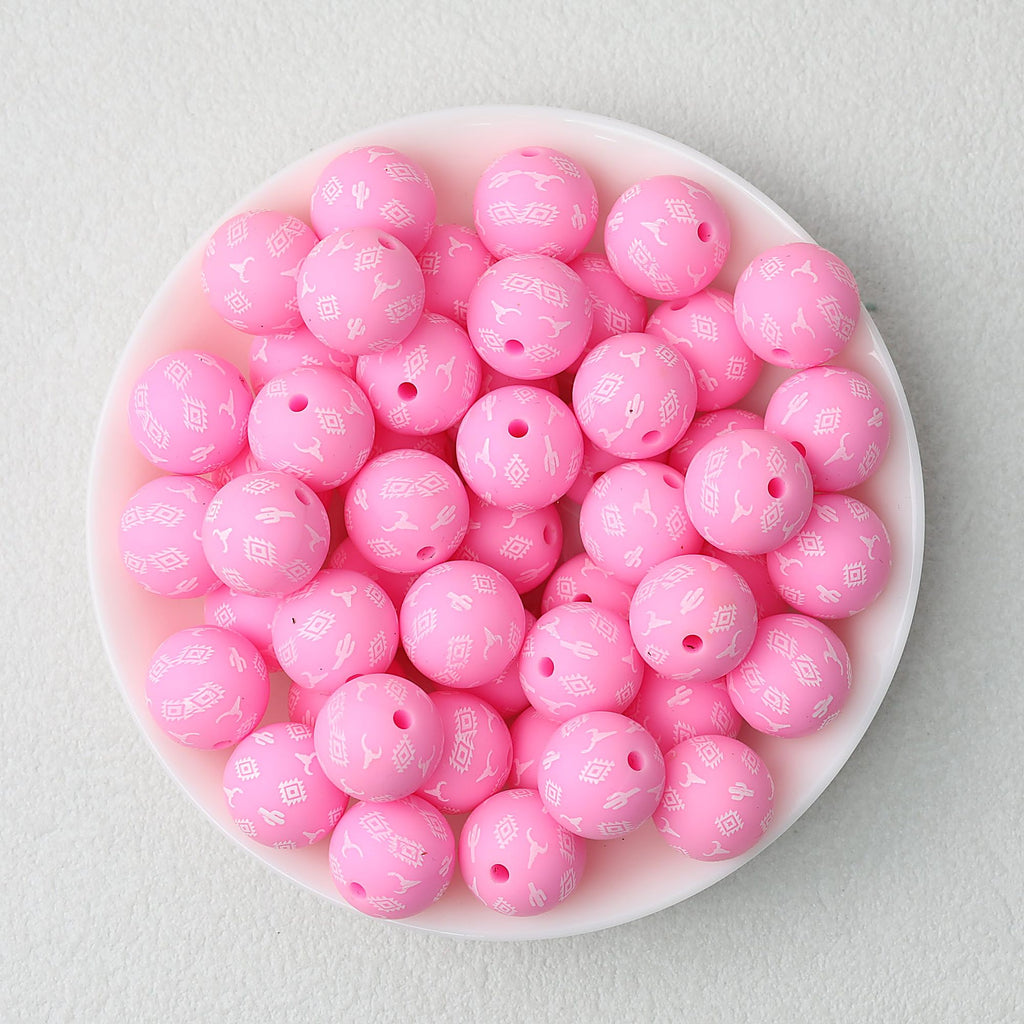 Cow Skull Pattern 15mm Silicone Round Beads Printed Design 50pcs - Pink