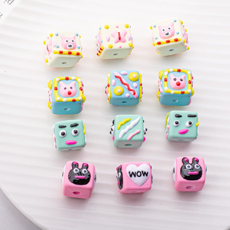 Painted Square Acrylic Beads 15mm Circus Pig Rabbit Expression 5pcs