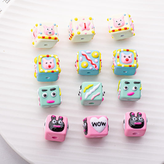 Painted Square Acrylic Beads 15mm Circus Pig Rabbit Expression 5pcs