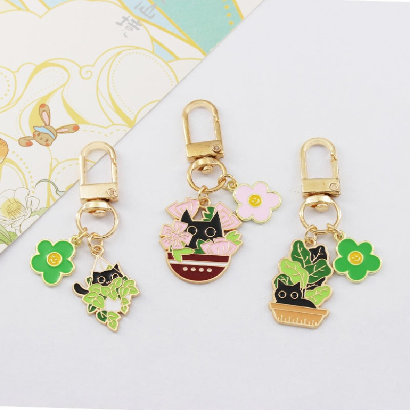 Alloy Cat Keychain Creative Potted Kitten Charm Zinc Alloy
