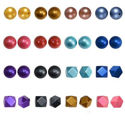Metallic Hexagon 14mm and 15mm Silicone Beads Glossy Finish 50pcs