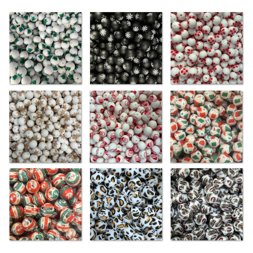 Christmas 15mm Silicone Beads Printed Festive Holiday Patterns 50pcs
