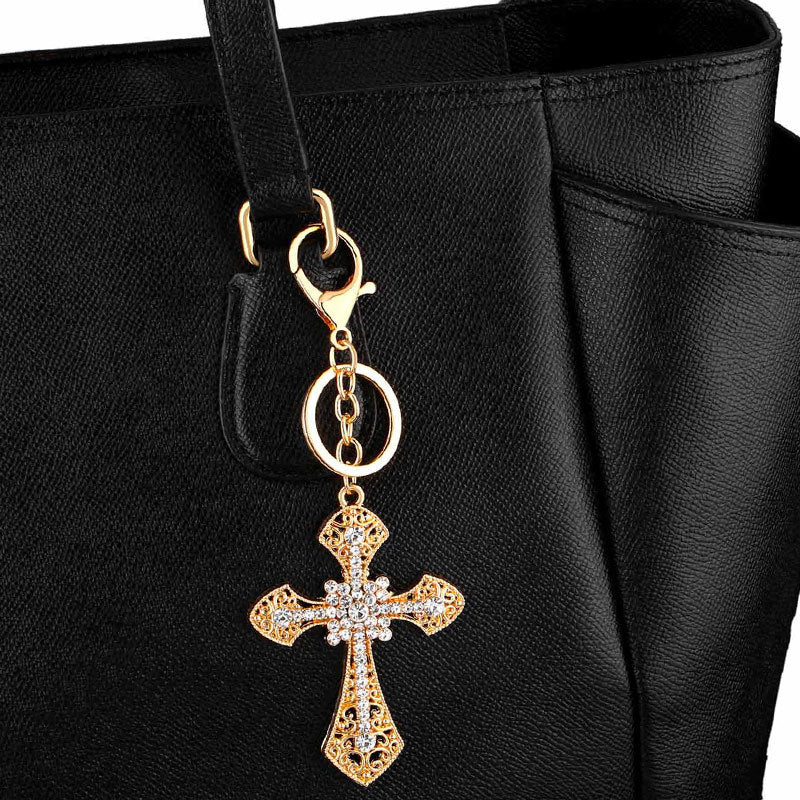 Diamond Cross Keychain Metal Crystal Decorative Golden Silver 3