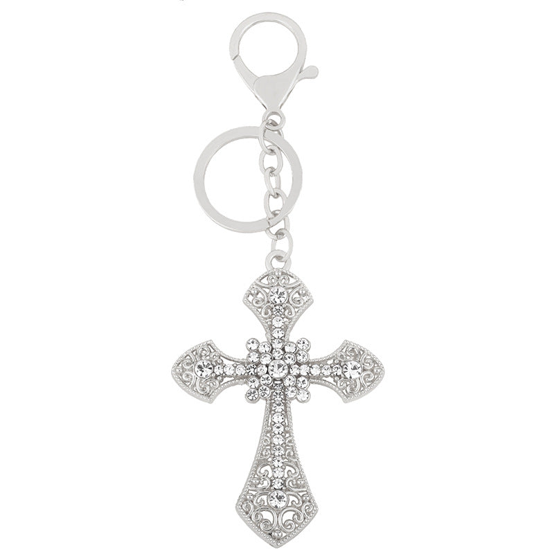 Diamond Cross Keychain Metal Crystal Decorative Golden Silver 2