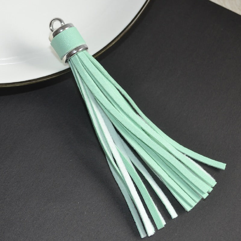 Silver PU Leather Tassel Keychain Metallic 9cm Length 32