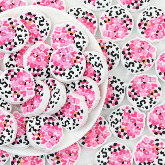 Silicone Focal Beads Lets Go Girls Pink Check Cow Print 20pcs