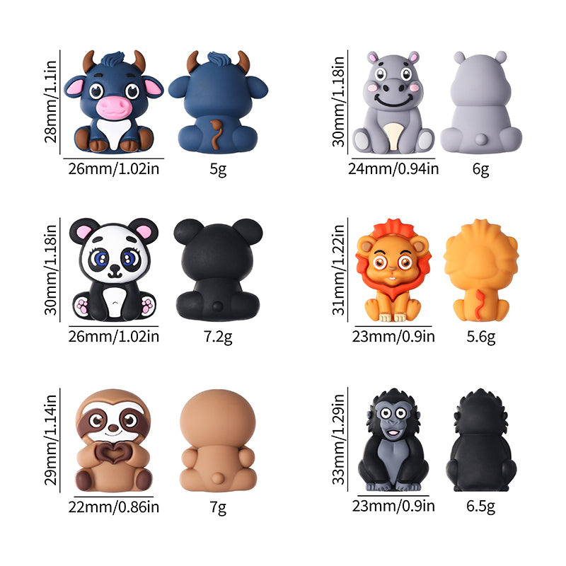 Silicone 3D Focal Beads Animal Panda Lion Sloth Hippopotamus Cow Sitting Pose 20Pcs 10