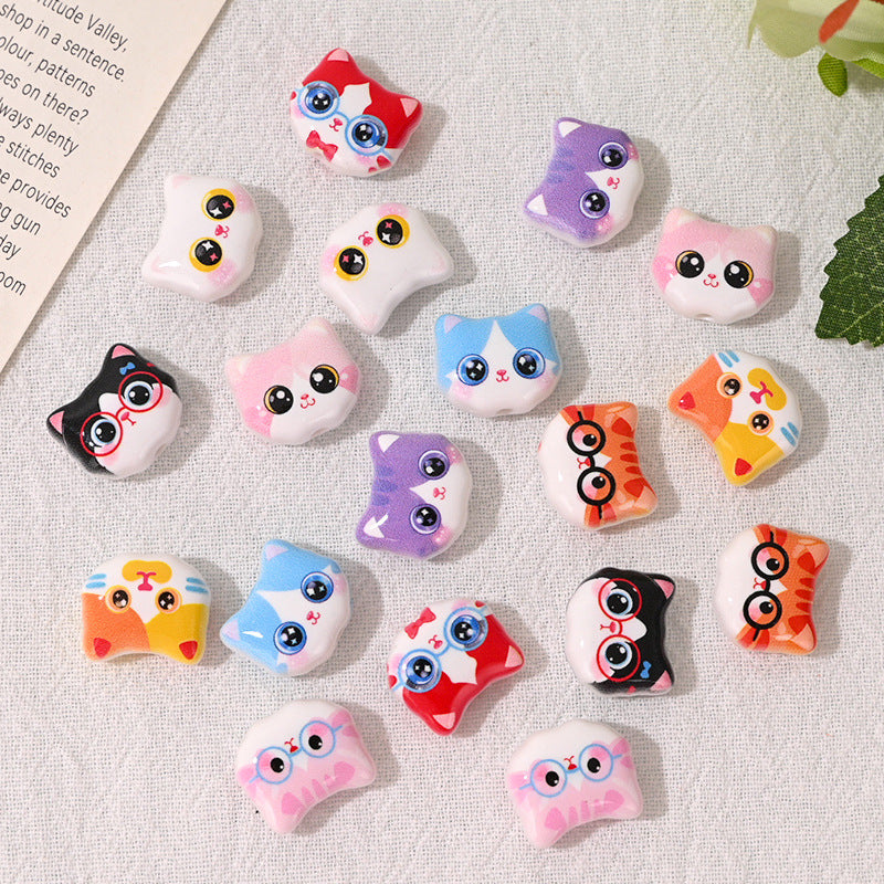 Cute Cartoon Double-Sided Printed Cat Head Acrylic Beads 15mm 20pcs 3