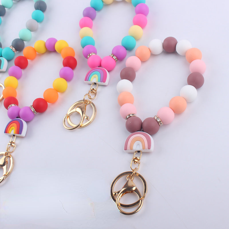 Rainbow Silicone Bead Wristlet Keychain with Rainbow Charm 4