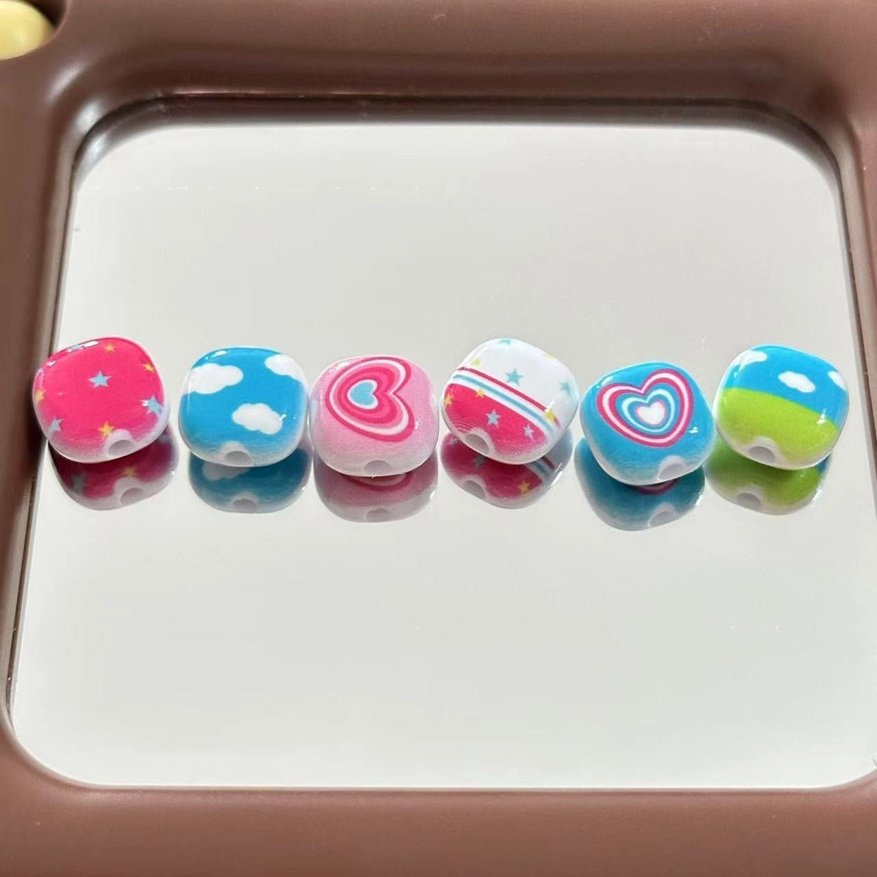 Square Acrylic Beads 14mm Blue Sky White Cloud Hearts 20pcs