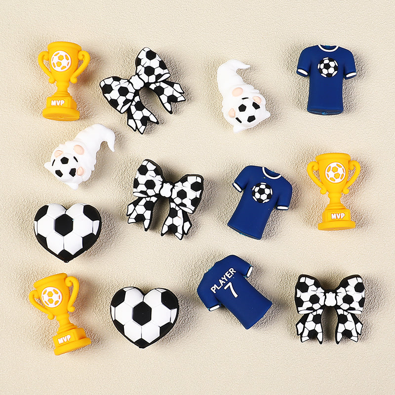 3D Football Theme Silicone Focal Beads Wholesale, Heart Trophy Jersey Bow White Gnome