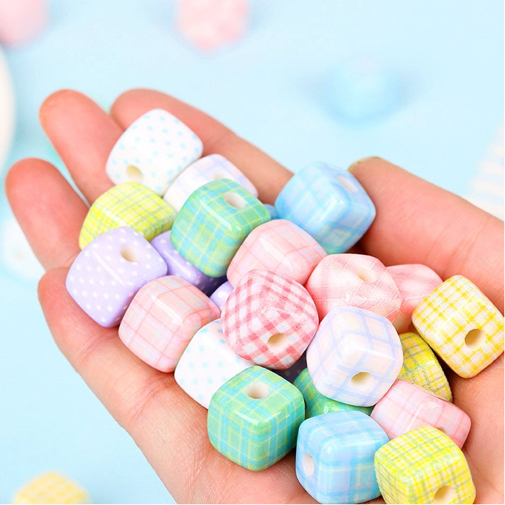 Fresh Striped Pattern Acrylic Square Beads 14mm Pastel Mixed 10pcs 3