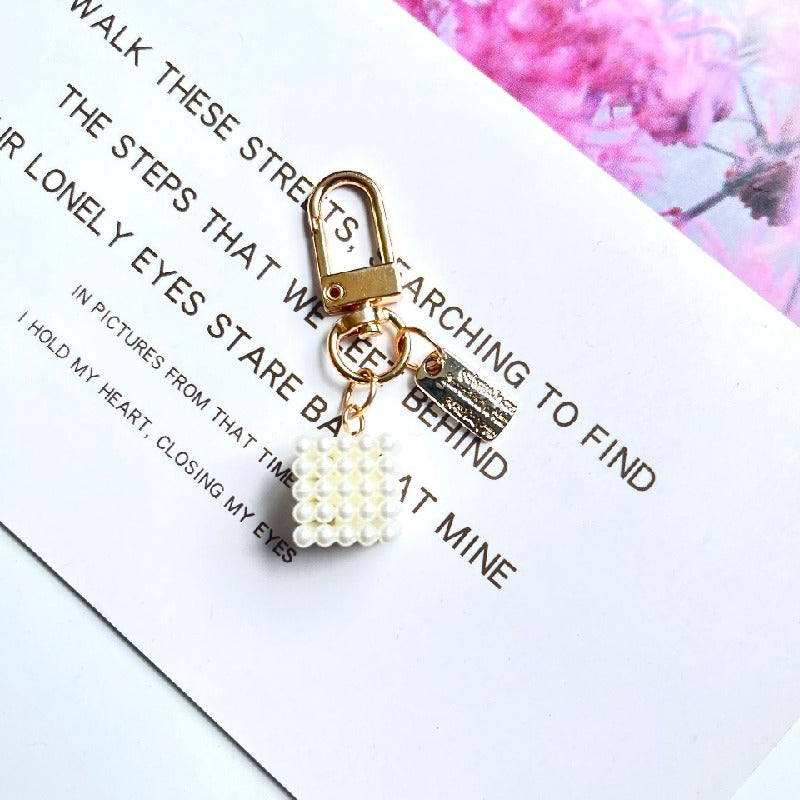Acrylic Bow Rose Flower Keychain with Pearly Charms and Gold Hardware 8