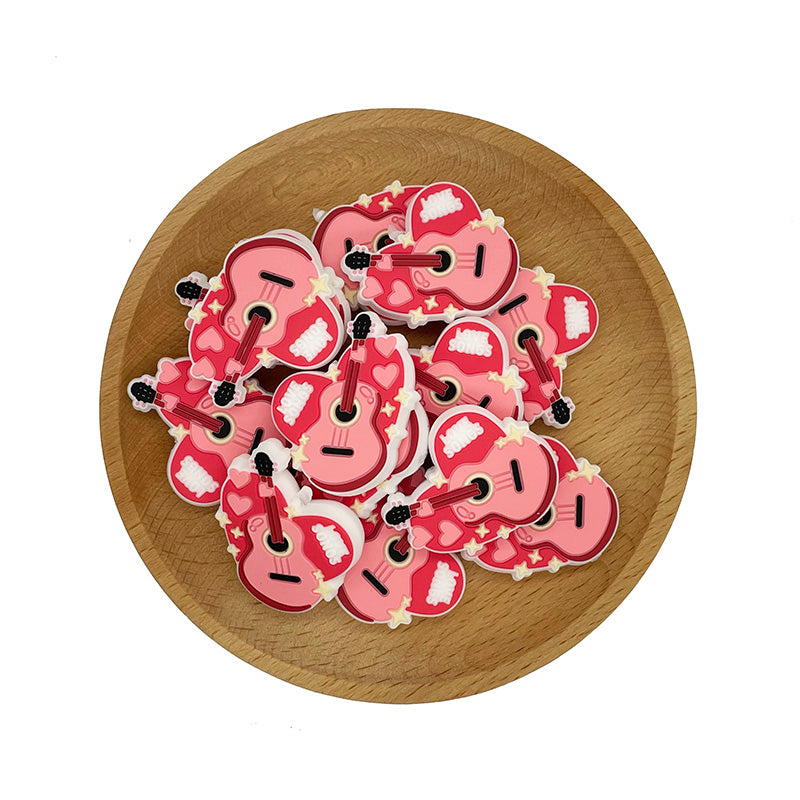 Silicone Focal Beads Valentine Pink Guitar with Hearts and Stars 20pcs 2