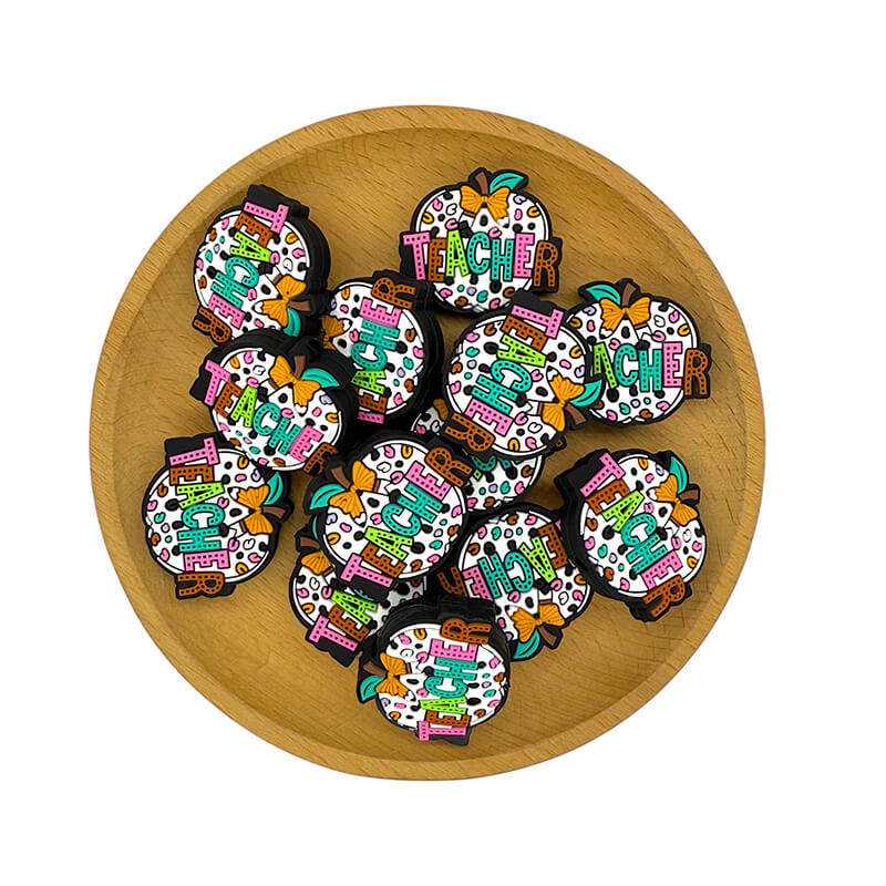 Silicone Focal Beads Teacher Apple With Bow And Leopard Spots 20pcs 2