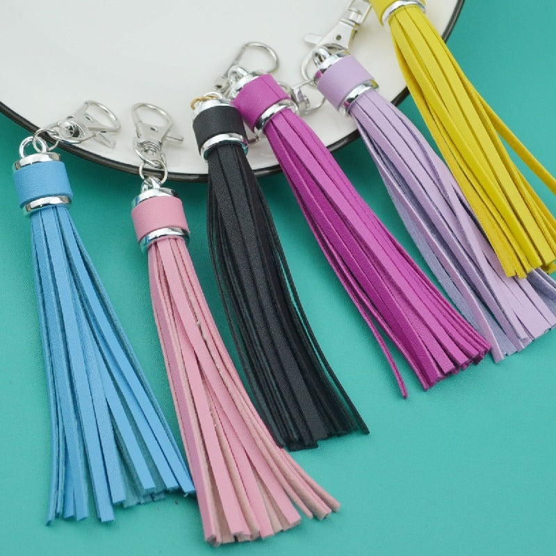 PU Leather Tassel Keychain 9cm Strips Silver Lobster Clasp 5