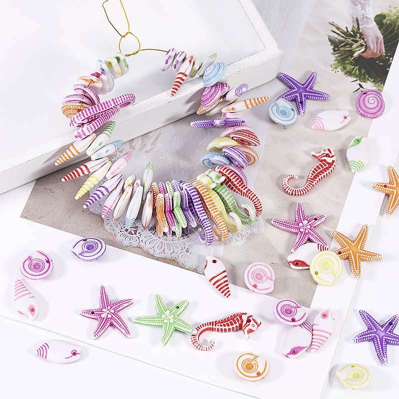 Painted Marine Biological Acrylic Beads 15mm Colorful Mixed 100pcs