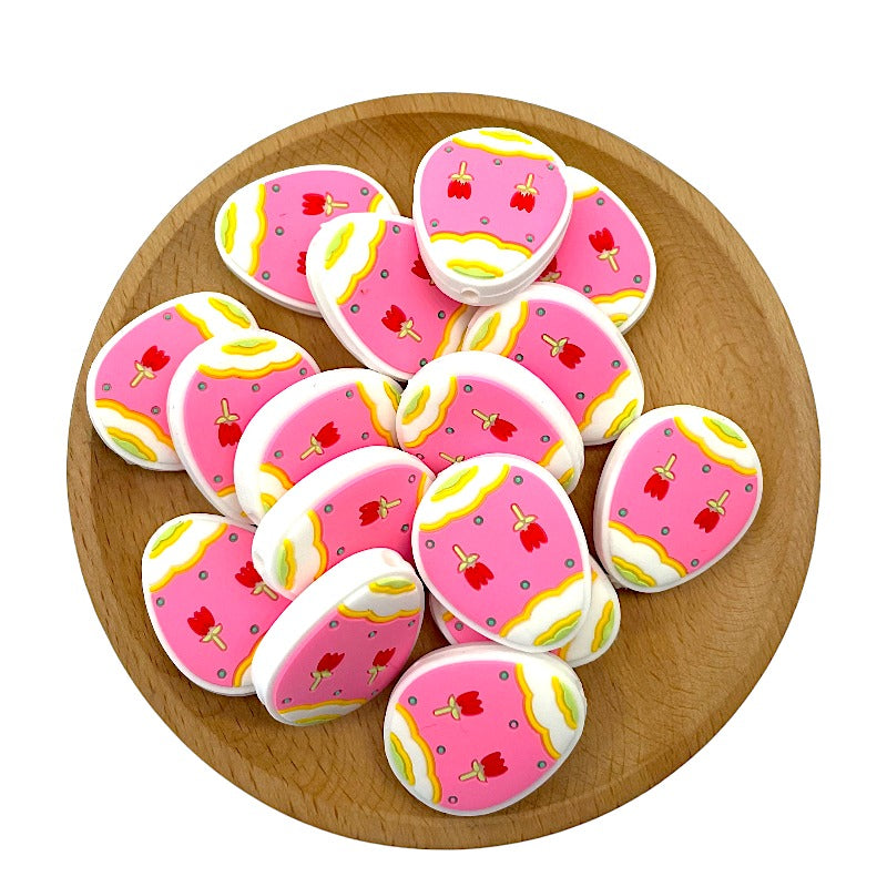 Silicone Focal Beads Easter Egg Pink Tulip Scalloped Edges 20pcs 2
