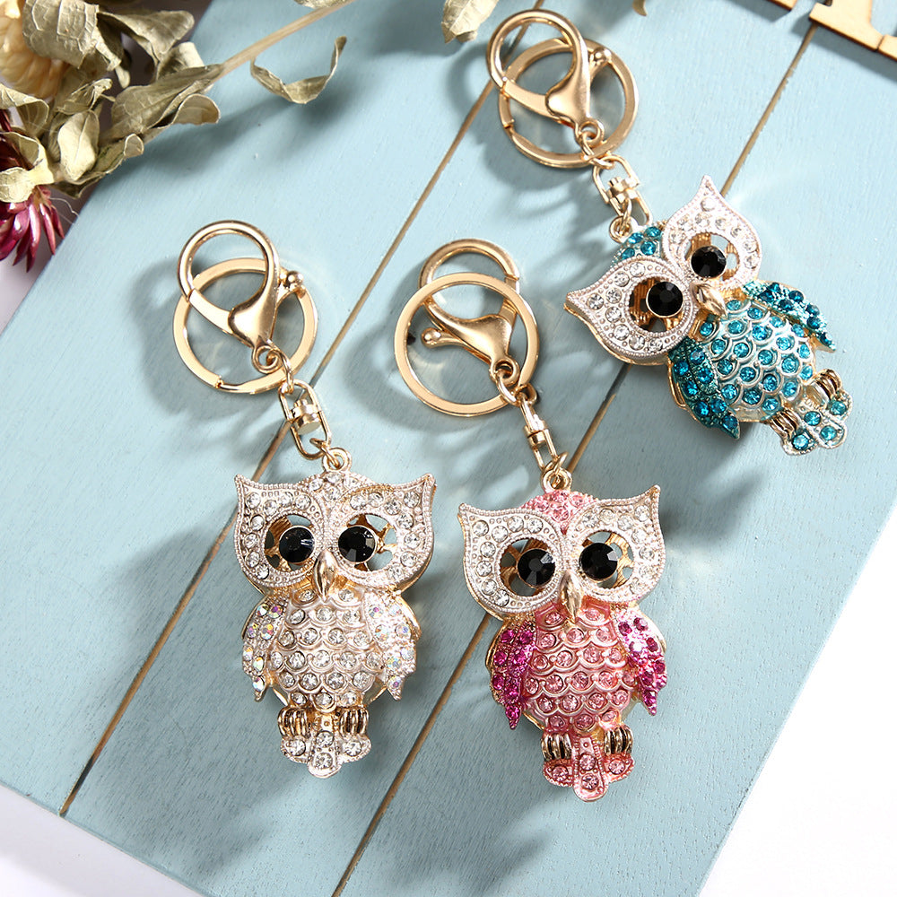 Metal Diamond Owl Keychain Alloy Shimmering Animal Charm Colorful