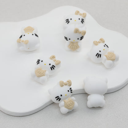 3D Cute Beige Bow White Cat Silicone Focal Beads 20pcs 3