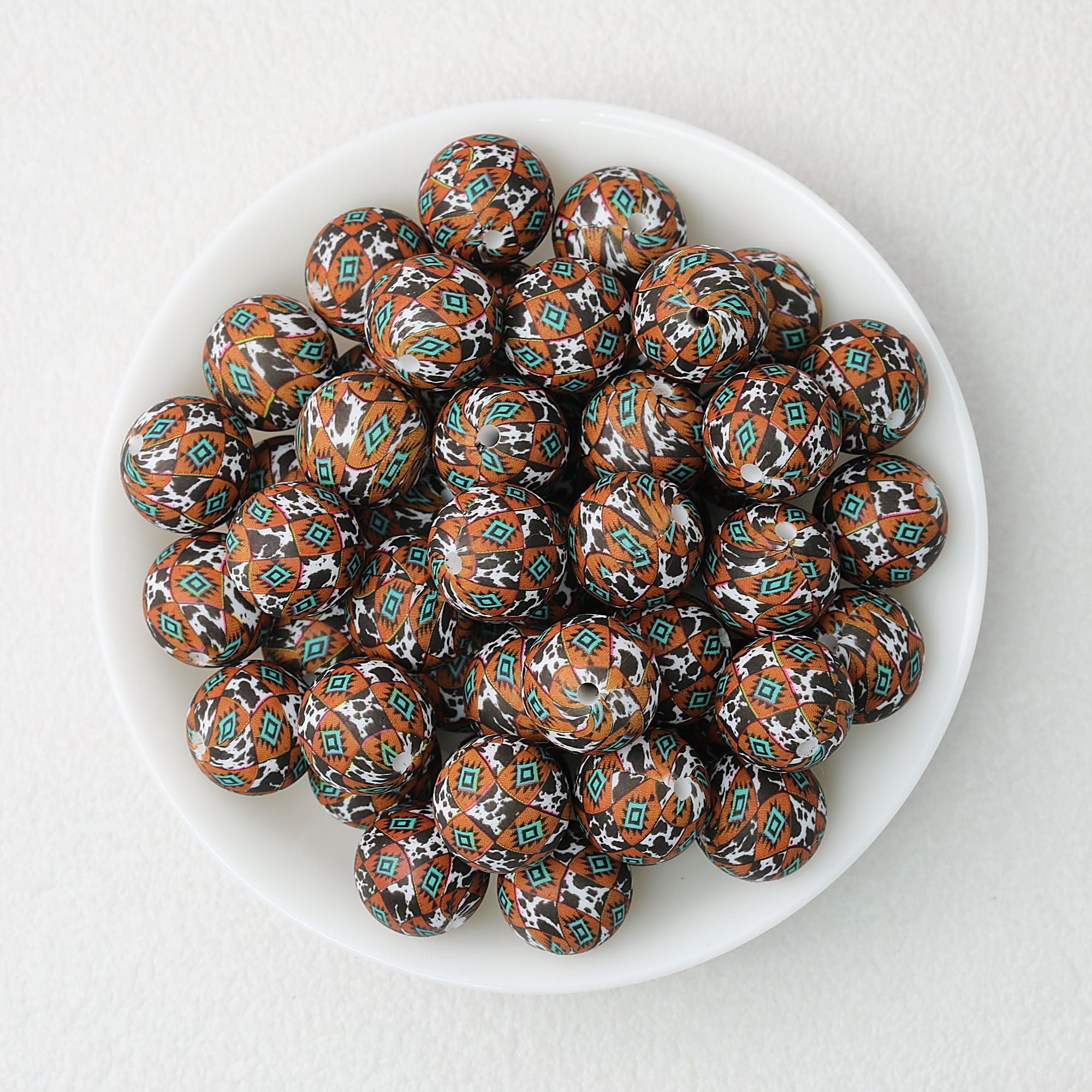Cow Skull Pattern 15mm Silicone Round Beads Printed Design 50pcs - Brown
