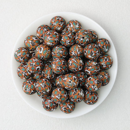 Cow Skull Pattern 15mm Silicone Round Beads Printed Design 50pcs - Brown