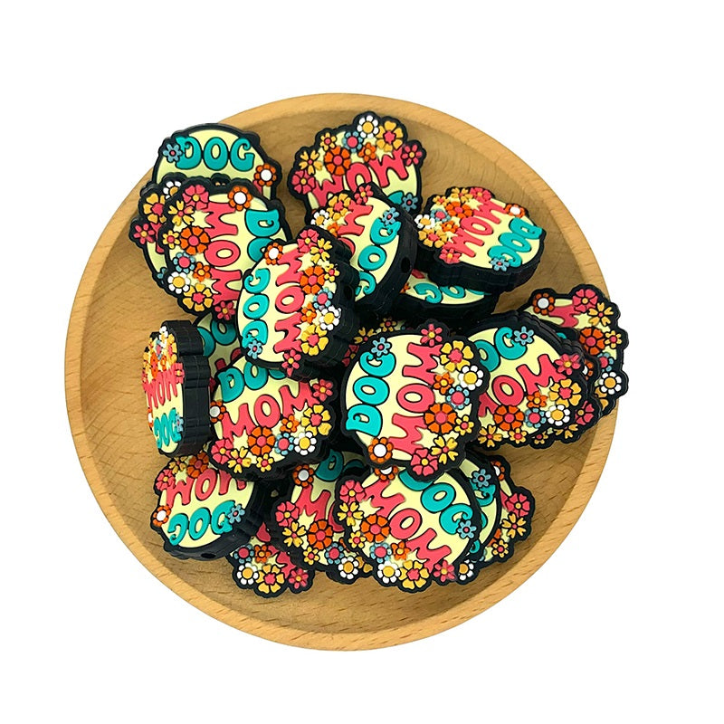 Silicone Focal Beads Dog Mom With Colorful Flower Cluster 20pcs 2