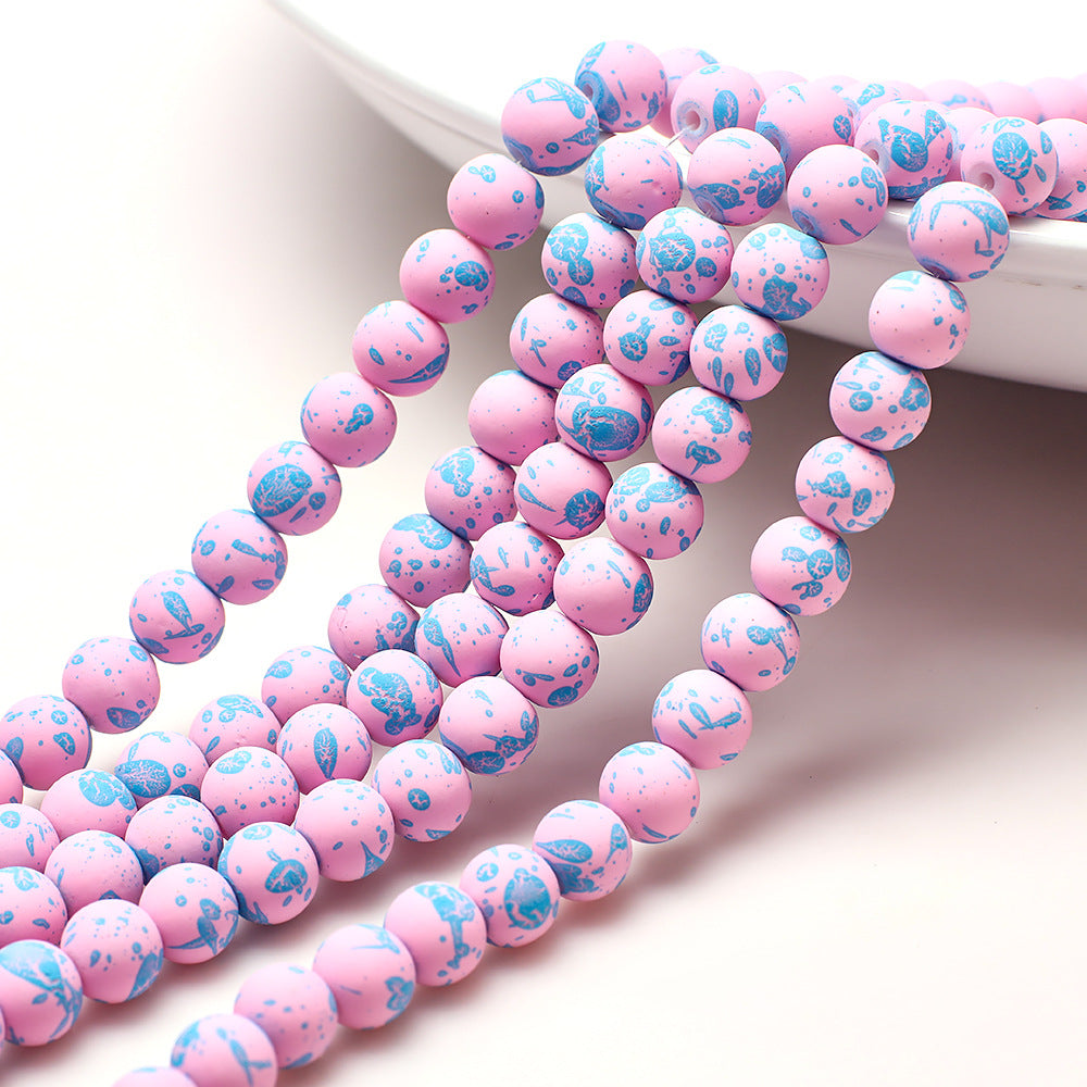 Frosted Round Glass Beads 8mm Neon Splash Pattern 100pcs 7