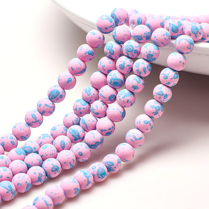 Frosted Round Glass Beads 8mm Neon Splash Pattern 100pcs 7