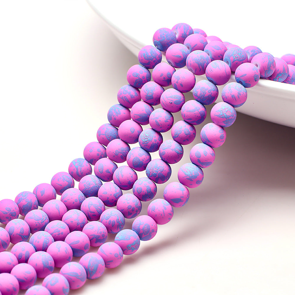 Frosted Round Glass Beads 8mm Neon Splash Pattern 100pcs 8