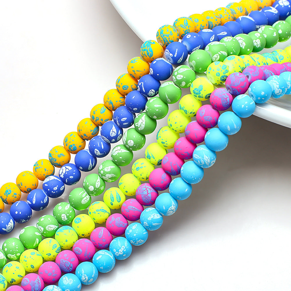 Frosted Round Glass Beads 8mm Neon Splash Pattern 100pcs 4