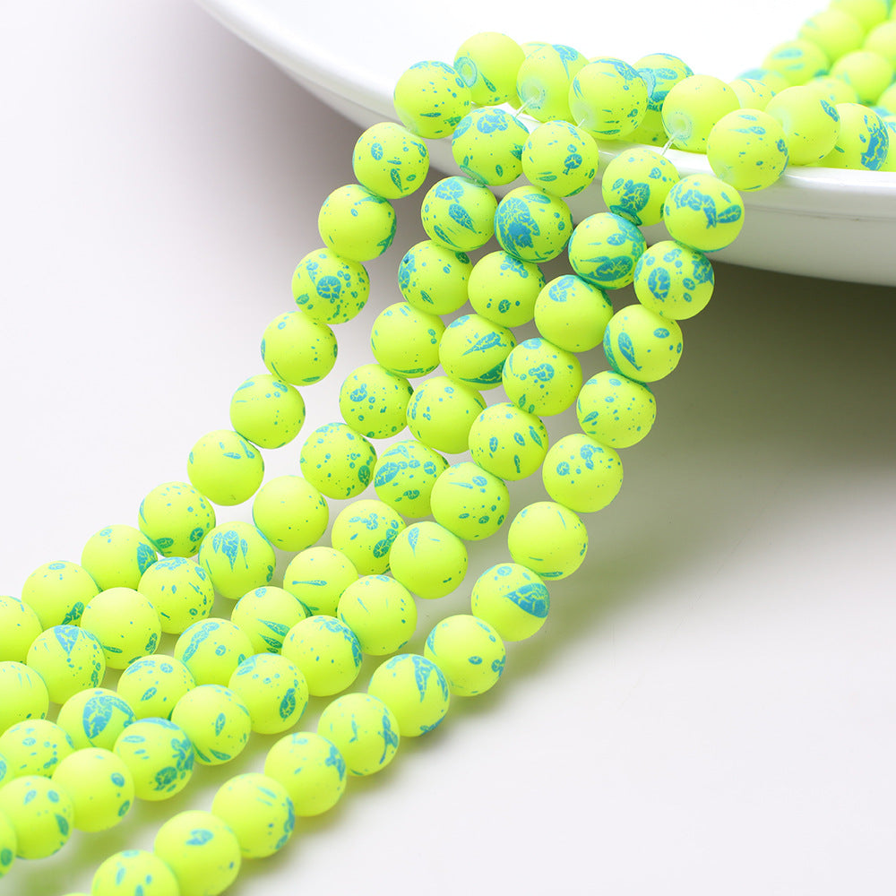 Frosted Round Glass Beads 8mm Neon Splash Pattern 100pcs 9