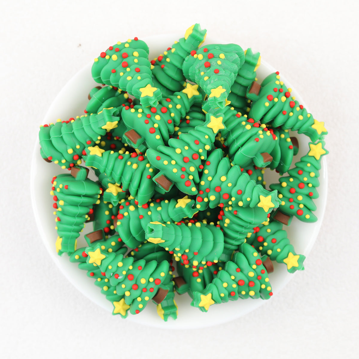 3D Green Tree Silicone Focal Beads Wholesale, Christmas Red Yellow Dots Star Topper Design