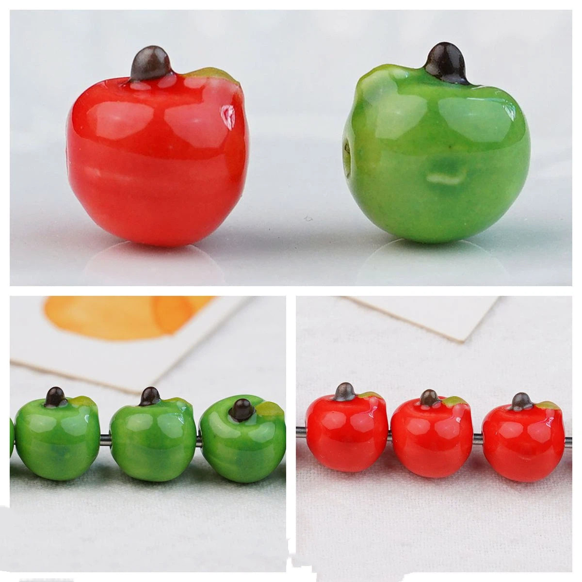 Hand Painted Apple Ceramic Beads 12mm Glossy Finish 10pcs