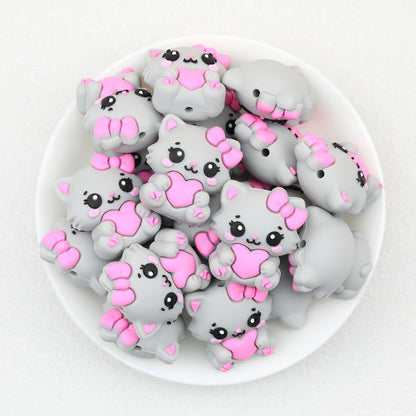 3D Cat Heart Bow Silicone Focal Beads  20 pcs 3