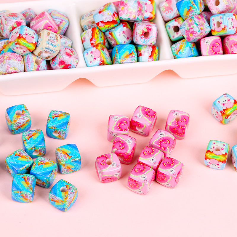Rainbow Bear Acrylic Square Beads 14mm Oil Painting Print 10pcs 2