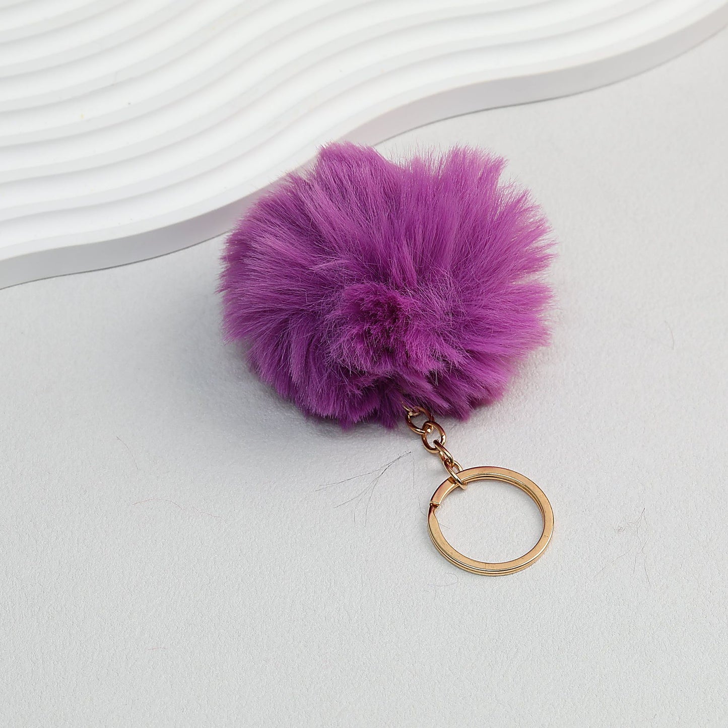 Pom Pom Keychain Plush Violet Faux Fur Ball Gold Ring 8cm - Deep Purple