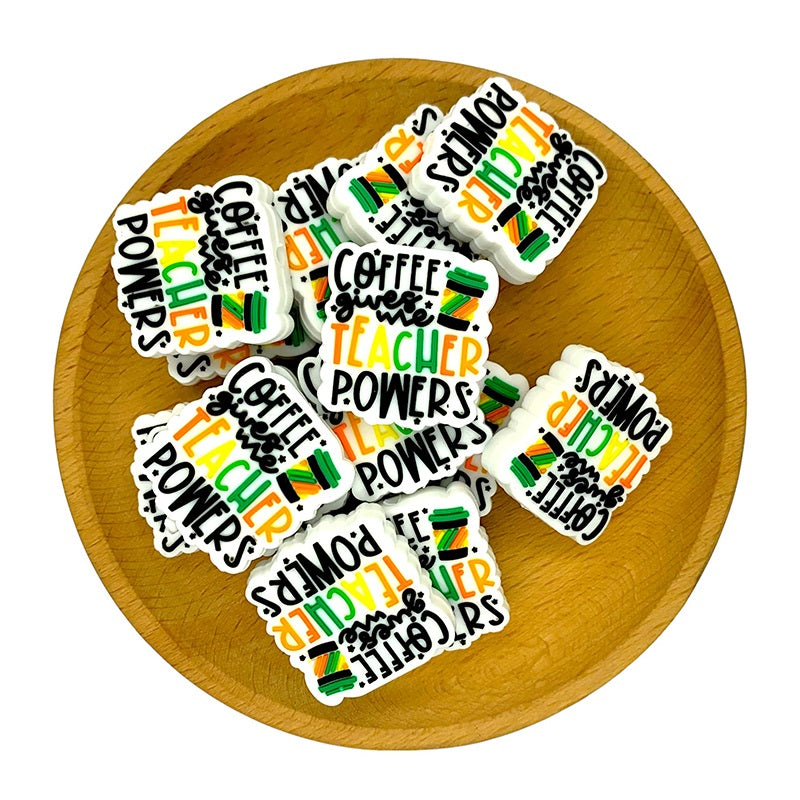 Silicone Focal Beads Teacher Coffee Cup Colorful Text 20pcs 2