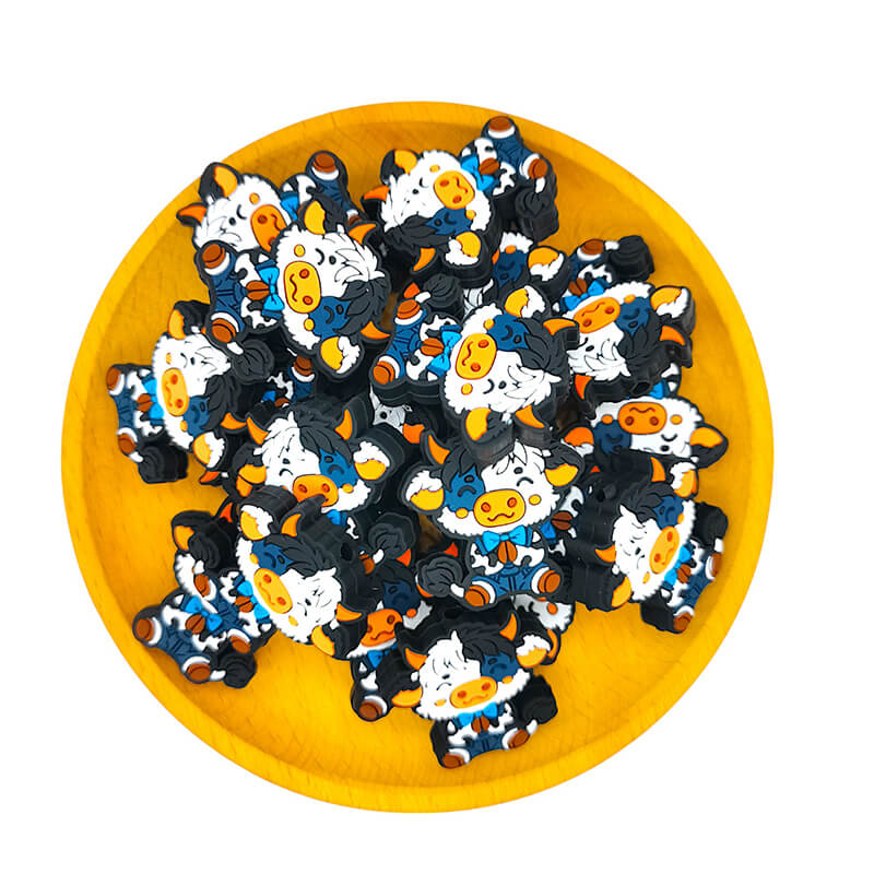 Silicone Focal Beads Cow White Hair Brown Nose Wearing Bow Tie 2