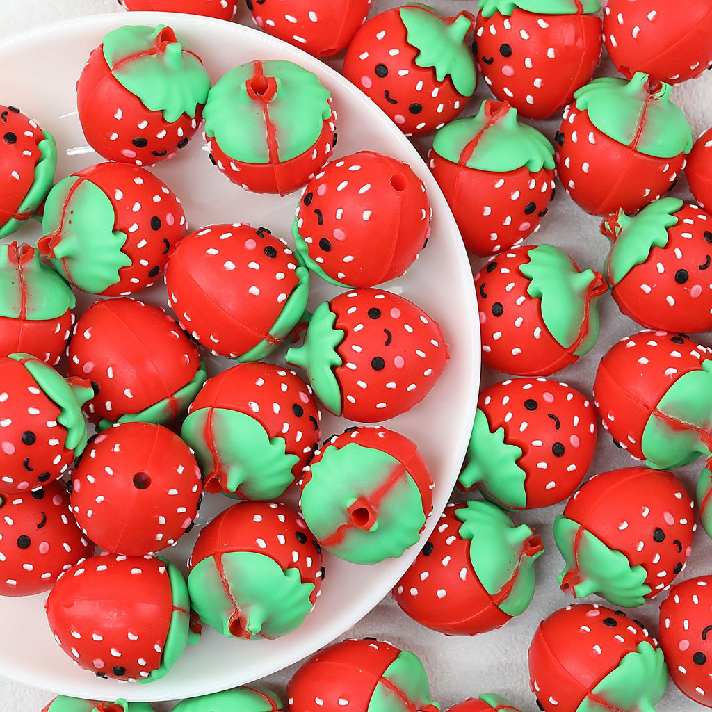Silicone 3D Focal Beads Strawberry Red Green Dimensional Detail 20Pcs - strawberry